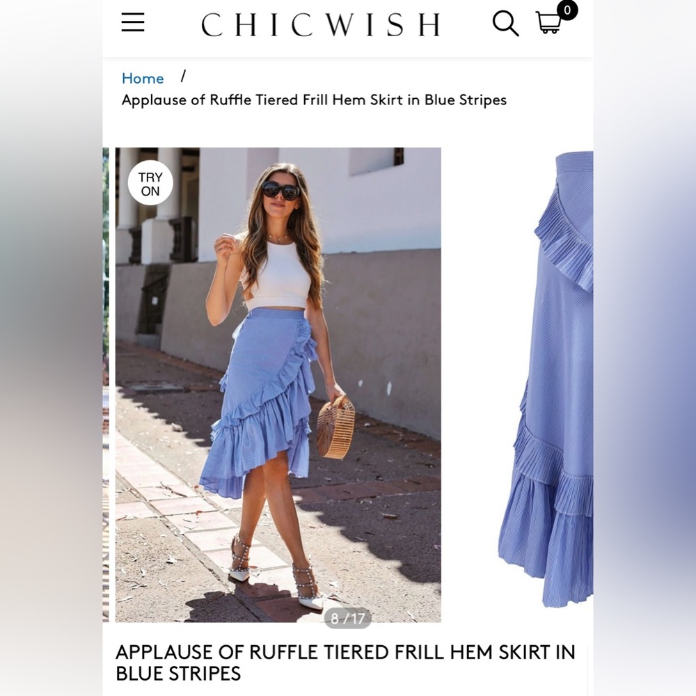 ChicWish- Ruffled Tiered Frill Striped Blue Skirt Size L